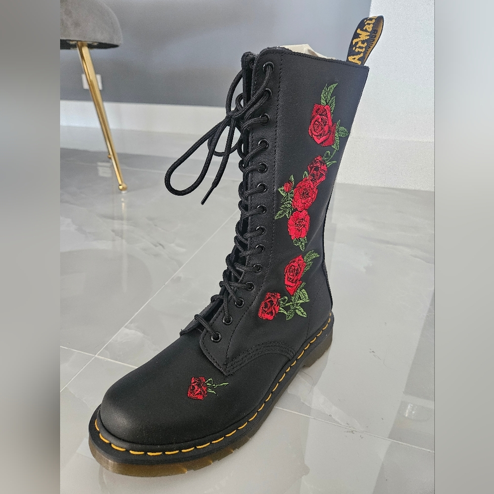 Dr. Martens Black and Red Combat Boots with Floral Embroidery - Picture 7 of 8